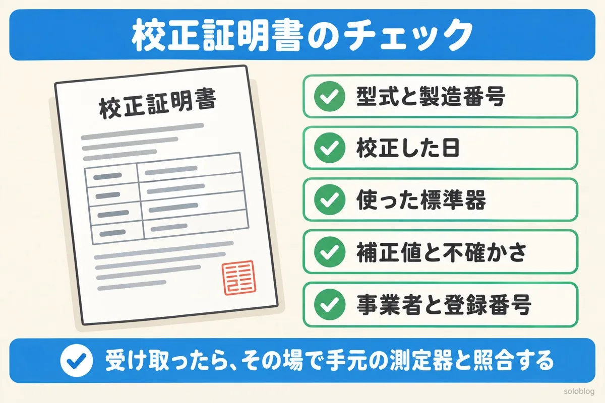 校正証明書で確かめる項目の図。型式と製造番号、校正した日、使った標準器、補正値と不確かさ、事業者と登録番号