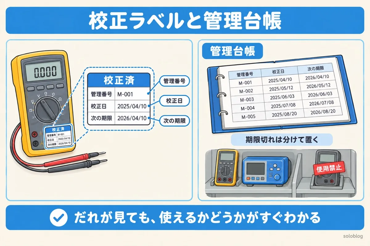校正ラベルと管理台帳の図。測定器に管理番号・校正日・次の期限のラベルを貼り、台帳で履歴を管理し、期限切れは分けて置く