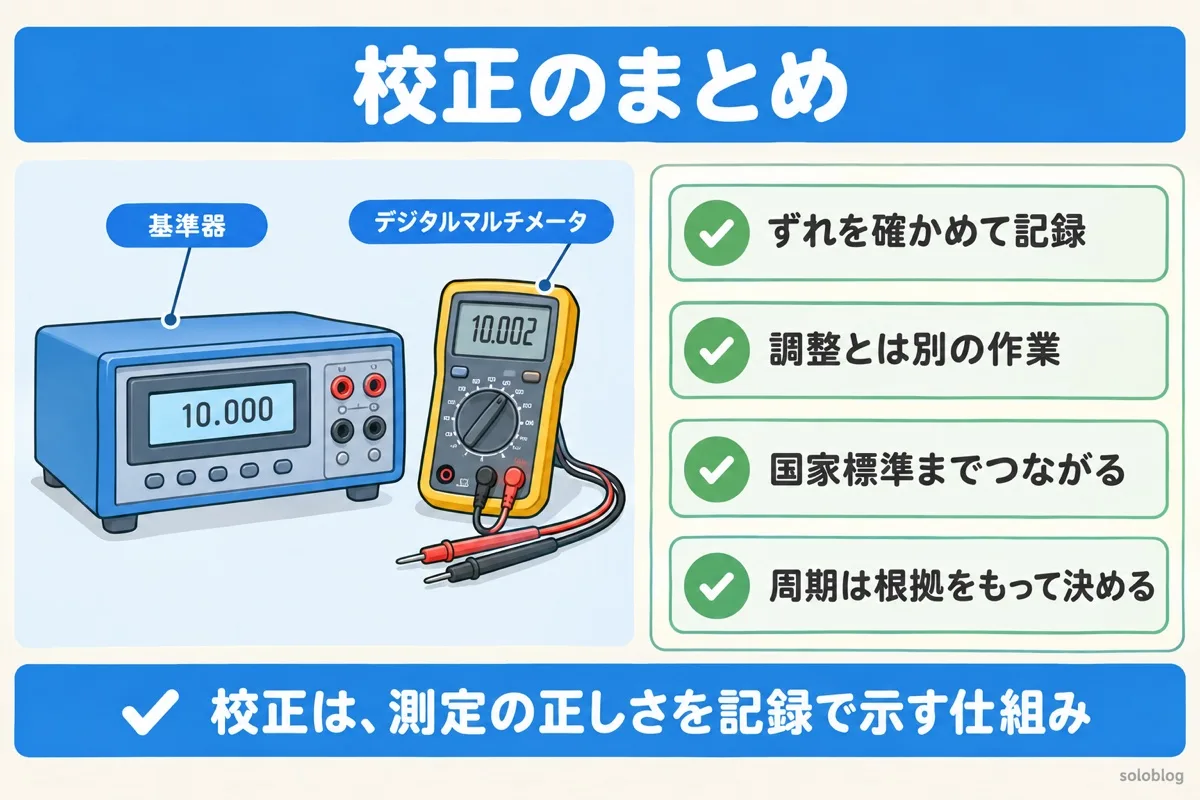 校正のまとめの図。ずれを確かめて記録する、調整とは別の作業、国家標準までつながる、周期は根拠をもって決める
