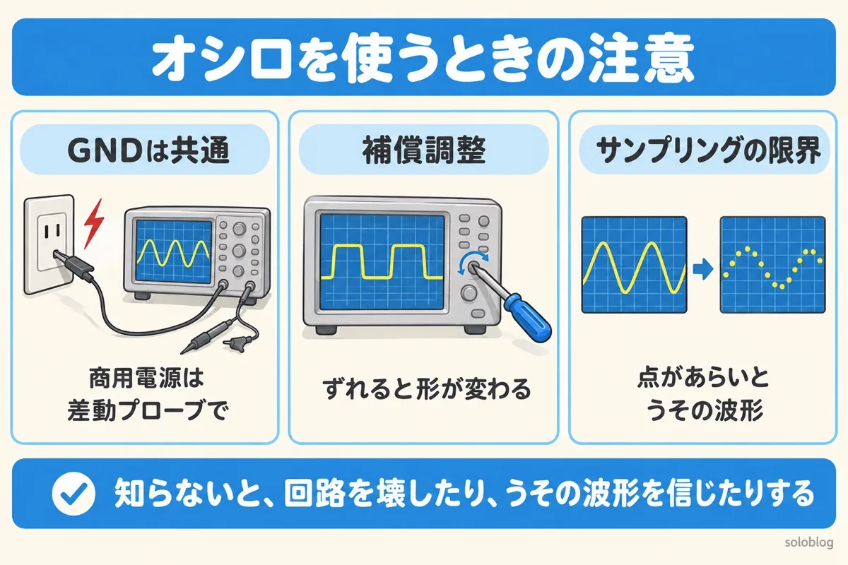 オシロスコープを使うときの3つの注意点。GNDは共通なので商用電源は差動プローブで測る、補償調整、サンプリングの限界