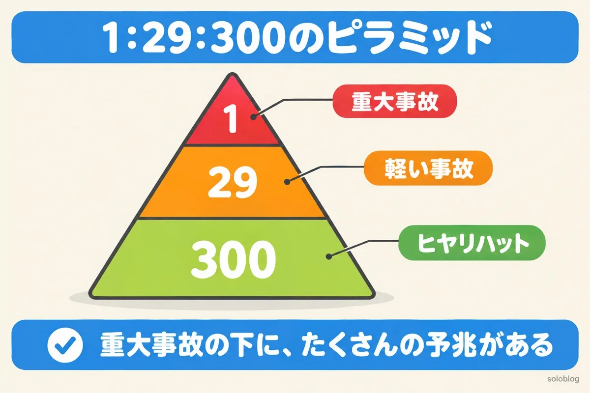 ハインリッヒの法則の1:29:300のピラミッド。1件の重大事故、29件の軽い事故、300件のヒヤリハット
