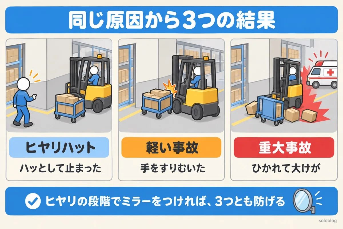 ハインリッヒの法則の身近な例。見通しの悪い通路の角で、ヒヤリハット、軽い事故、重大事故が同じ原因から起きる