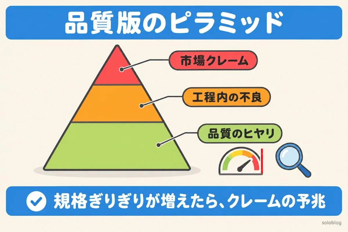 品質管理に応用したハインリッヒの法則の図。市場クレームの下に工程内の不良、その下に品質のヒヤリがある