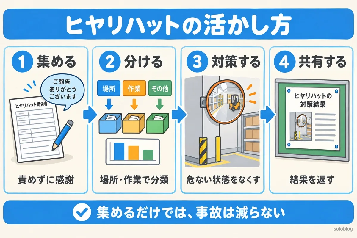 ヒヤリハットを事故防止につなげる4ステップ。集める、分ける、対策する、共有する