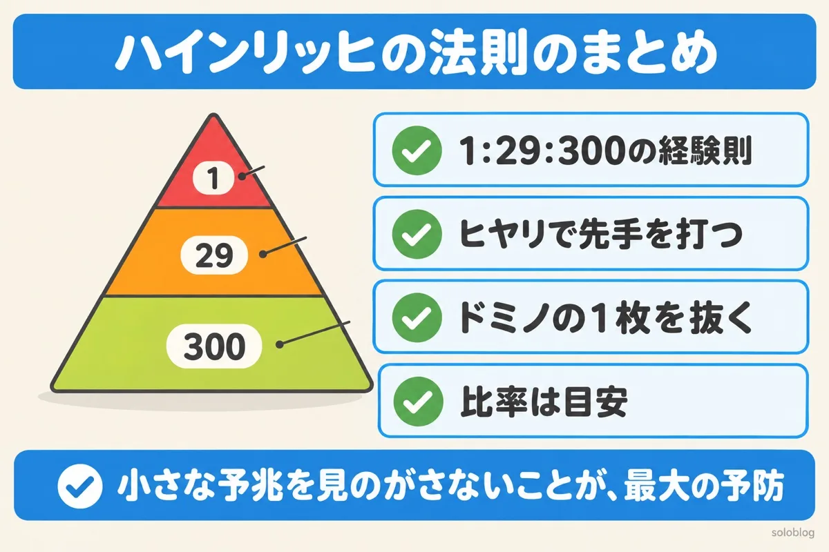 ハインリッヒの法則のまとめの図。1:29:300の経験則、ヒヤリで先手を打つ、ドミノの1枚を抜く、比率は目安
