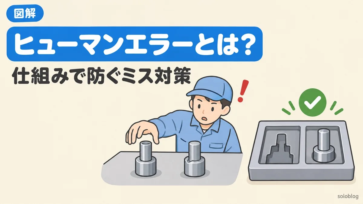 ヒューマンエラーとは何かを表すアイキャッチ。似た部品を取りちがえそうな作業者と、正しい部品しか入らない仕組み