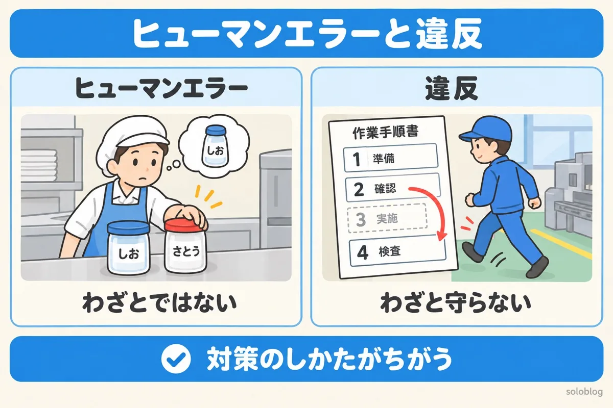 ヒューマンエラーと違反のちがいの図。塩と砂糖を取りちがえるのはわざとではないヒューマンエラー、手順を飛ばすのはわざと守らない違反