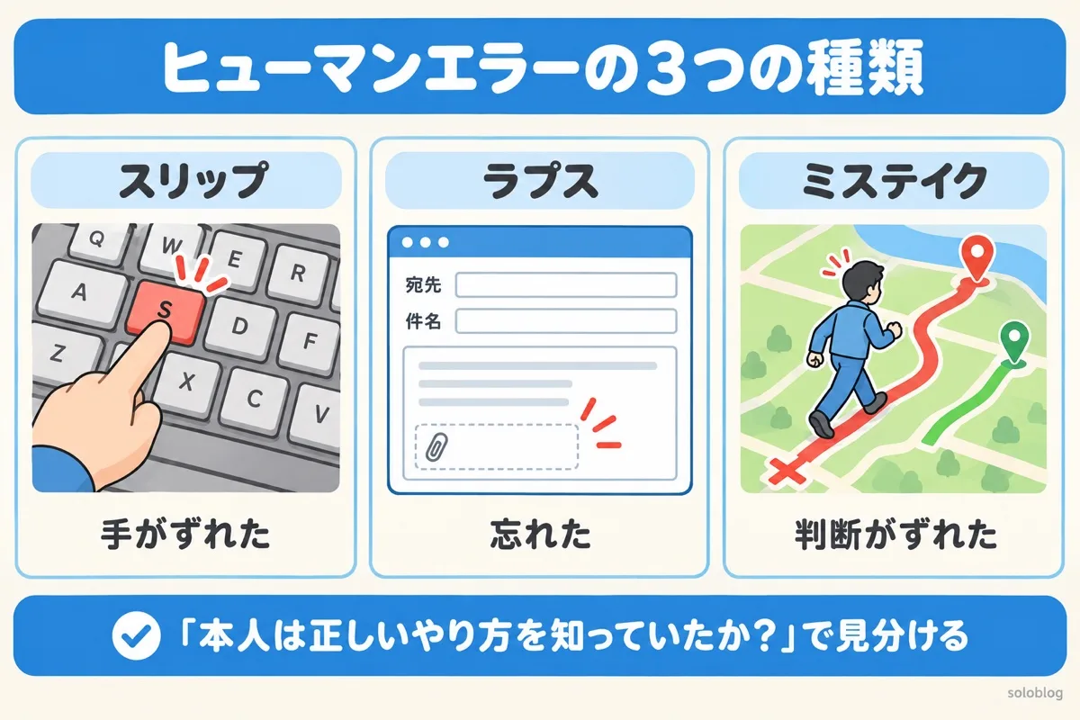 ヒューマンエラーの3つの種類の図。スリップは手がずれる、ラプスは忘れる、ミステイクは判断がずれる