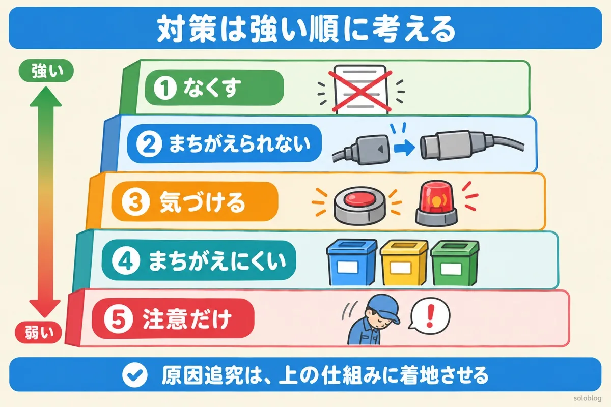 ヒューマンエラー対策の強さの図。上から、作業をなくす、まちがえられない形にする、気づける、まちがえにくくする、注意だけ