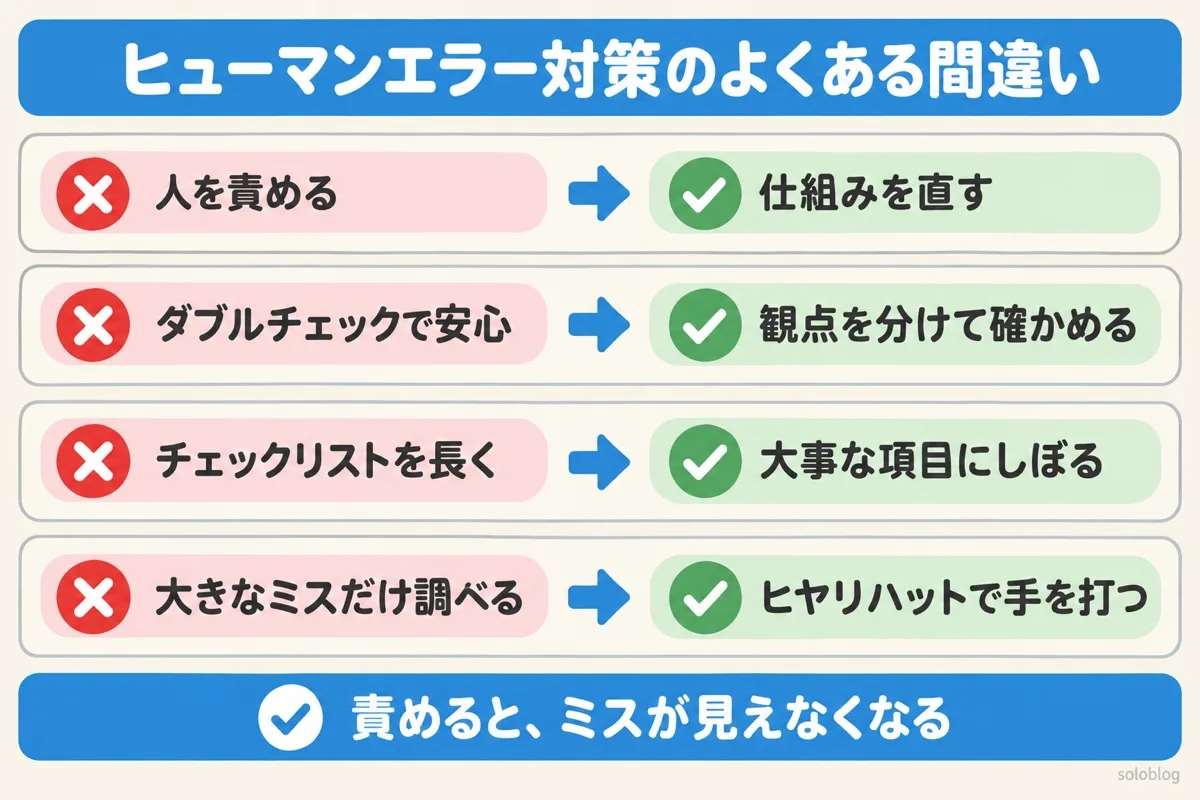ヒューマンエラー対策のよくある間違いの図。人を責めず仕組みを直す、ダブルチェックは観点を分ける、チェックリストは大事な項目にしぼる、ヒヤリハットで手を打つ