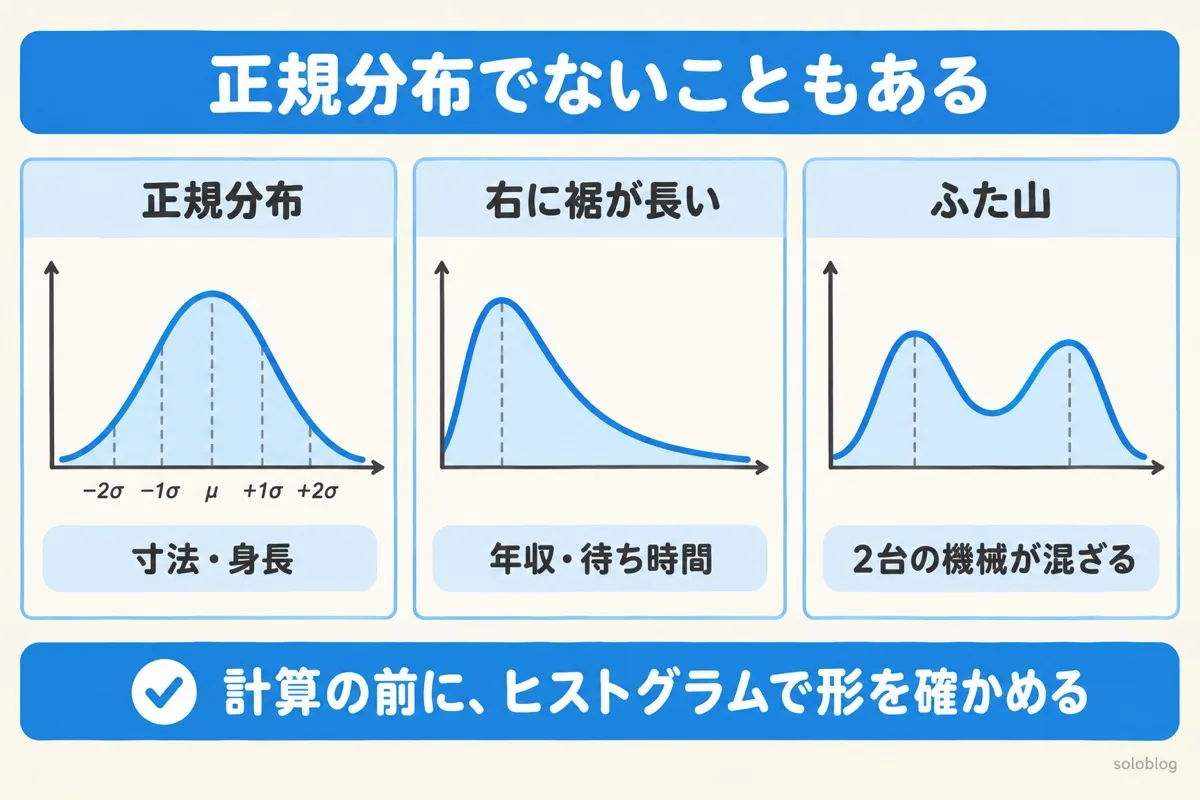 正規分布でないデータの例の図。正規分布、右に裾が長い分布、ふた山の分布