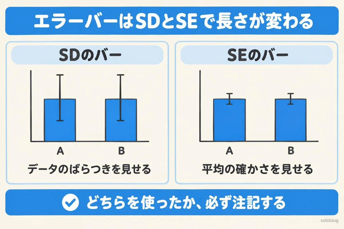 エラーバーの使い分けの図。同じ平均でも、標準偏差のバーは長くデータのばらつきを、標準誤差のバーは短く平均の確かさを見せる