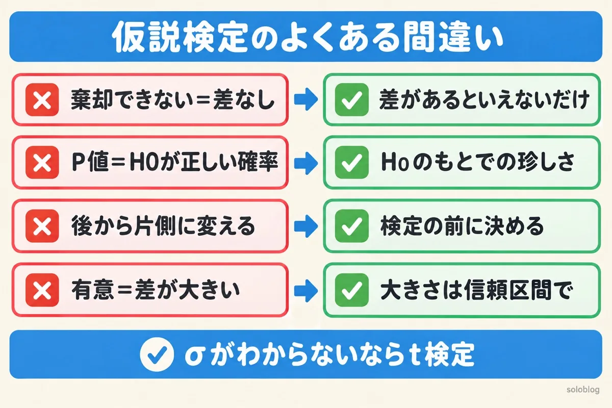 仮説検定のよくある間違いの図。棄却できないのは差があるといえないだけ、P値は帰無仮説のもとでの珍しさ、片側か両側かは検定の前に決める、差の大きさは信頼区間で見る