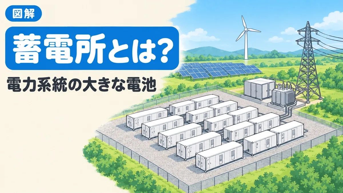 蓄電所とは何かを表すアイキャッチ。白い蓄電池のコンテナが並び、変圧器と送電鉄塔につながっている