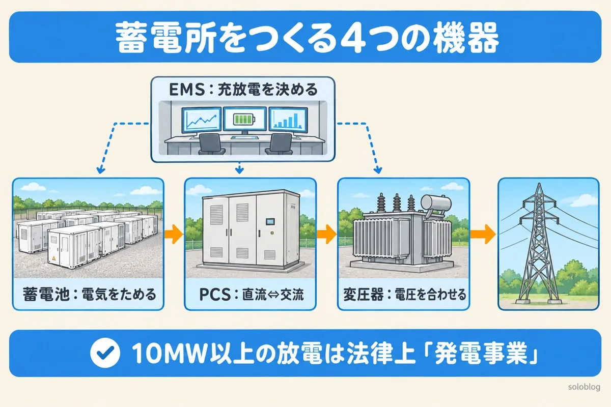 蓄電所の構成の図。電気をためる蓄電池、直流と交流を変換するPCS、電圧を合わせる変圧器、充放電を決めるEMSでできている