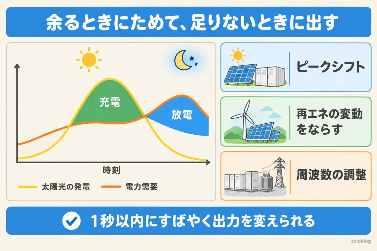 蓄電所の役割の図。昼に太陽光の電気が余る時間に充電し、夕方の需要が多い時間に放電する。ピークシフト、再エネの変動をならす、周波数の調整に使う