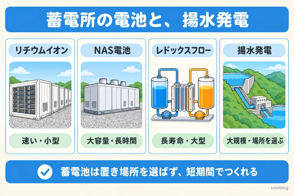 蓄電所の電池と揚水発電の図。リチウムイオンは速く小型、NAS電池は大容量で長時間、レドックスフローは長寿命で大型、揚水発電は大規模だが場所を選ぶ