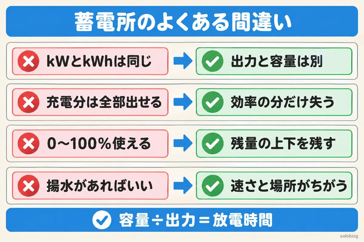 蓄電所のよくある間違いの図。kWとkWhは出力と容量で別、充電した分は効率の分だけ失う、残量の上下は残して使う、揚水発電とは速さと場所がちがう