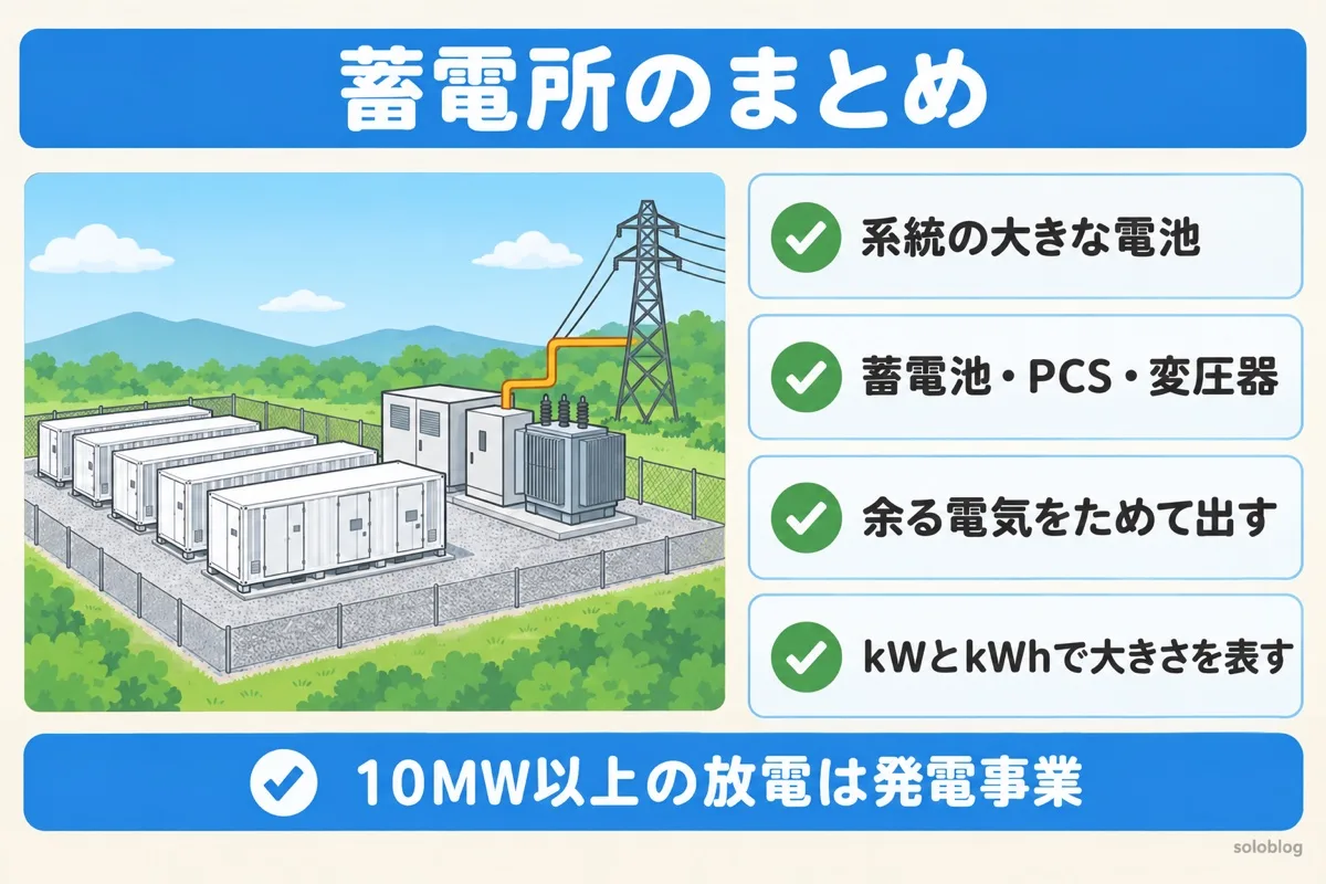 蓄電所のまとめの図。電力系統の大きな電池で、蓄電池・PCS・変圧器でできている。余る電気をためて出し、大きさは出力kWと容量kWhで表す