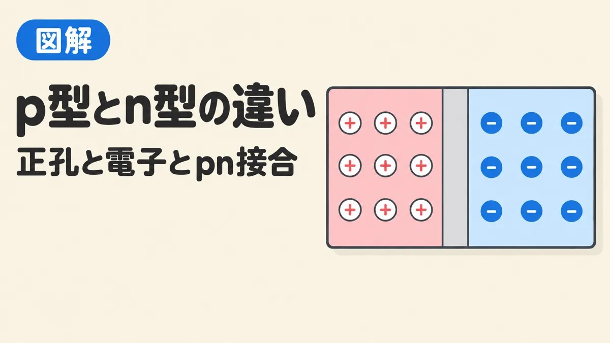 p型半導体とn型半導体の違いを表すアイキャッチ。左のp型には正孔、右のn型には電子があり、境目にはキャリアのいない領域がある