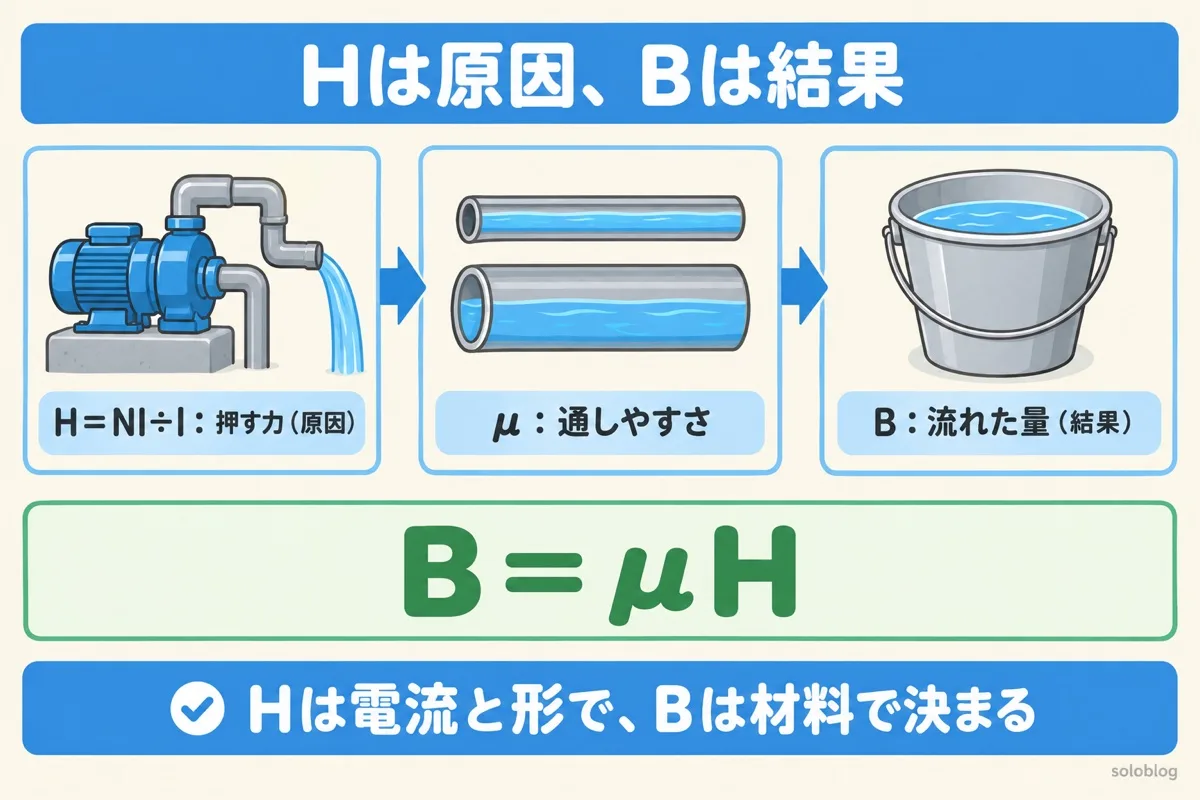 磁界Hと磁束密度Bのちがいの図。Hはポンプの押す力にあたる原因、μはパイプの太さにあたる通しやすさ、Bは流れた水の量にあたる結果で、B=μH