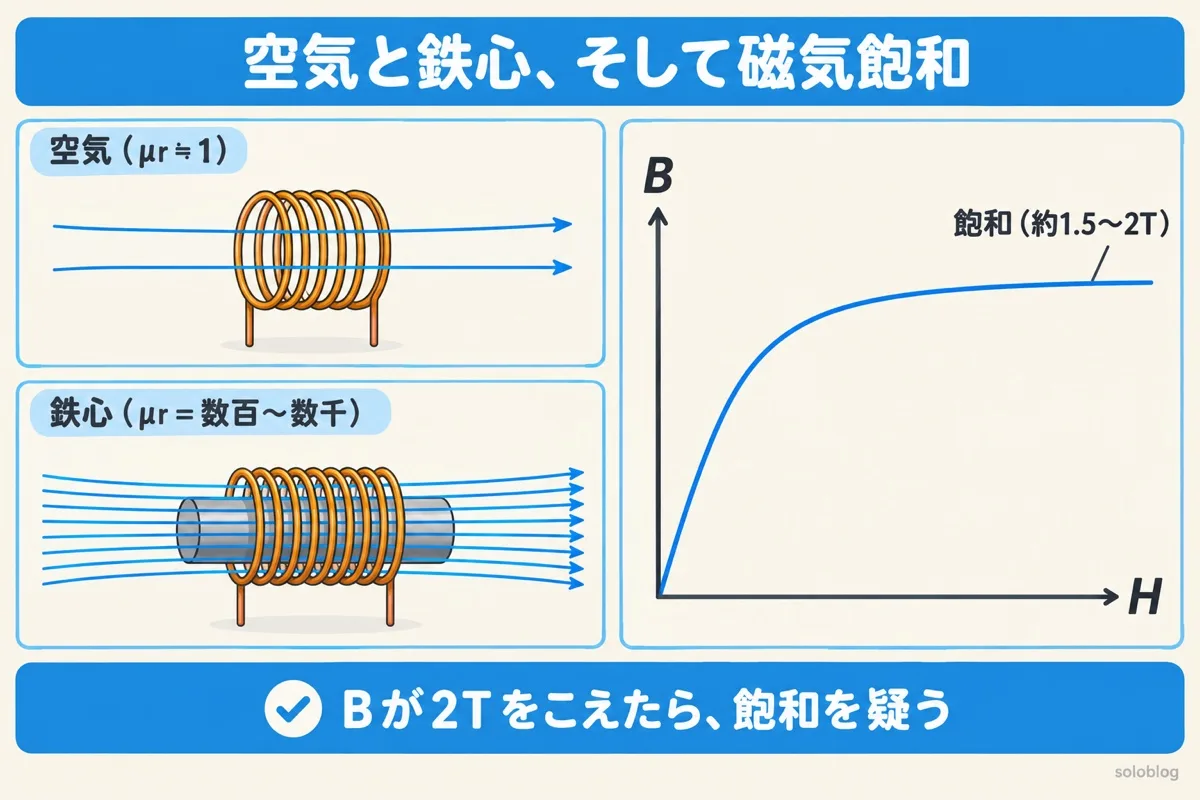 空気と鉄心のちがいの図。同じコイルでも、比透磁率の大きい鉄心では磁束が空気の数百〜数千倍になる。鉄心のBはHを大きくしても1.5〜2T程度で増えなくなる(磁気飽和)