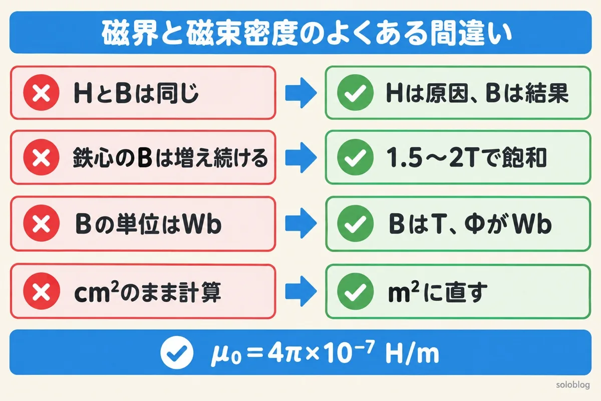 磁界と磁束密度のよくある間違いの図。Hは原因でBは結果、鉄心は1.5〜2Tで飽和、Bの単位はTで磁束ΦがWb、断面積はm²に直す