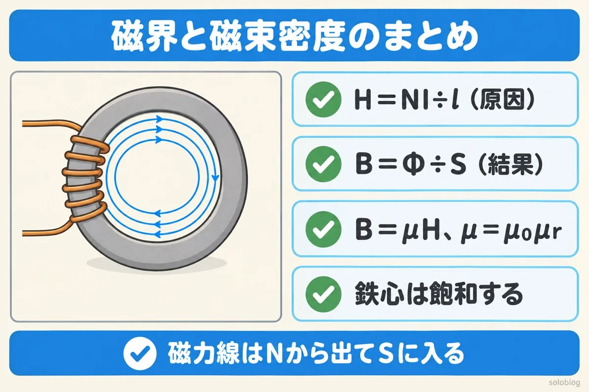 磁界と磁束密度のまとめの図。H=NI÷lは原因、B=Φ÷Sは結果、B=μHでμ=μ₀μr、鉄心は飽和する