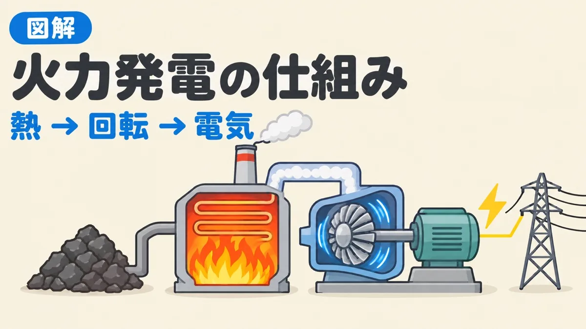 火力発電の仕組みを表すアイキャッチ。燃料を燃やした熱で蒸気をつくり、タービンを回して発電機で電気をつくる