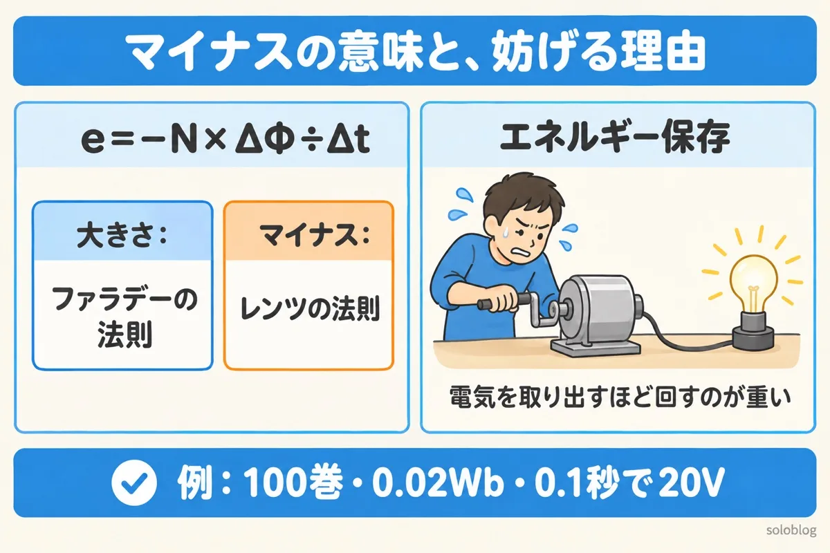 ファラデーの法則とレンツの法則の関係の図。e=−N×ΔΦ÷Δtの大きさはファラデー、マイナスはレンツの法則。電気を取り出すほど発電機を回すのが重くなる