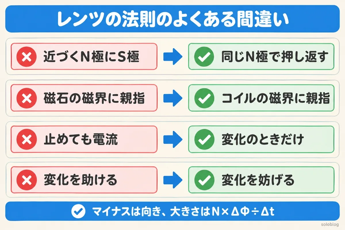 レンツの法則のよくある間違いの図。近づくN極には同じN極で押し返す、親指はコイルの磁界に合わせる、電流は変化のときだけ、誘導電流は変化を妨げる