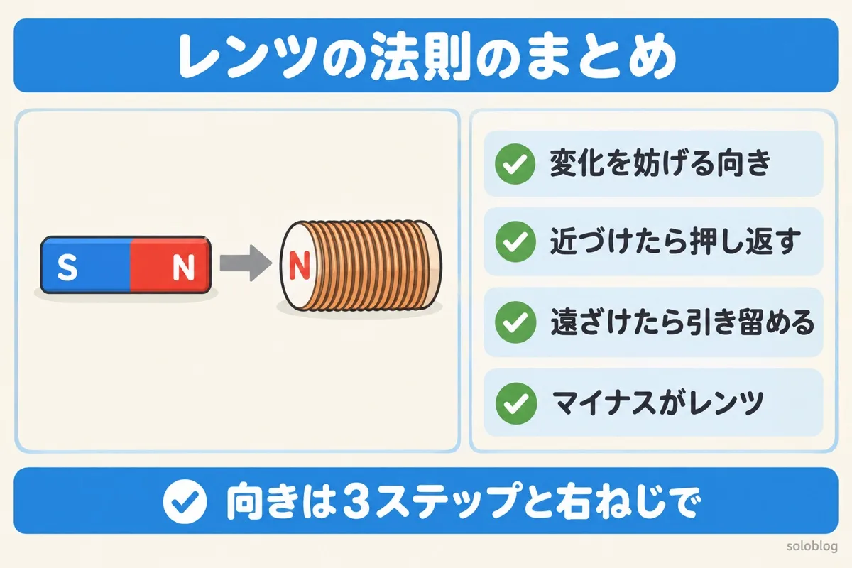 レンツの法則のまとめの図。誘導電流は変化を妨げる向き、近づけたら押し返す、遠ざけたら引き留める、ファラデーの法則のマイナスがレンツの法則