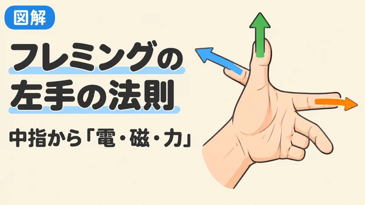 フレミングの左手の法則を表すアイキャッチ。左手の親指・人差し指・中指を直角に開き、中指が電流、人差し指が磁界、親指が力