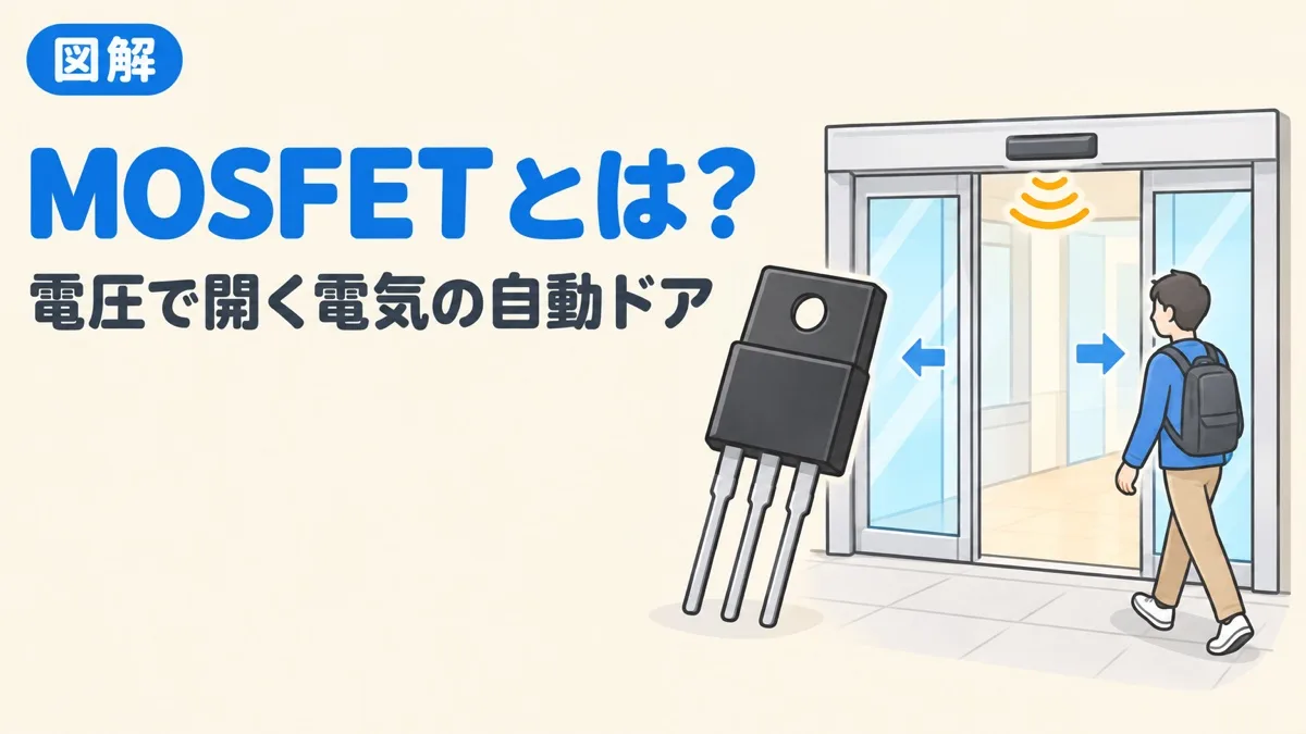 MOSFETとは何かを表すアイキャッチ。センサーで開く自動ドアのように、ゲートの電圧で電流をオン・オフする