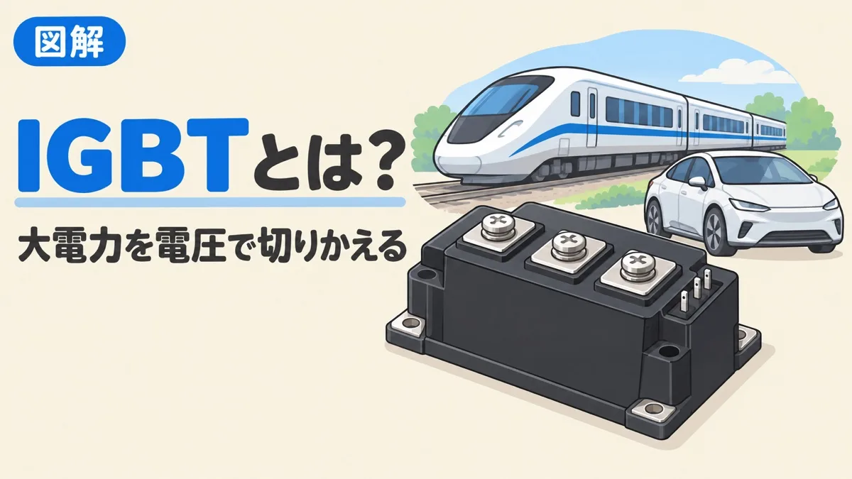 IGBTとは何かを表すアイキャッチ。IGBTのパワーモジュールと、それが使われる電車と電気自動車