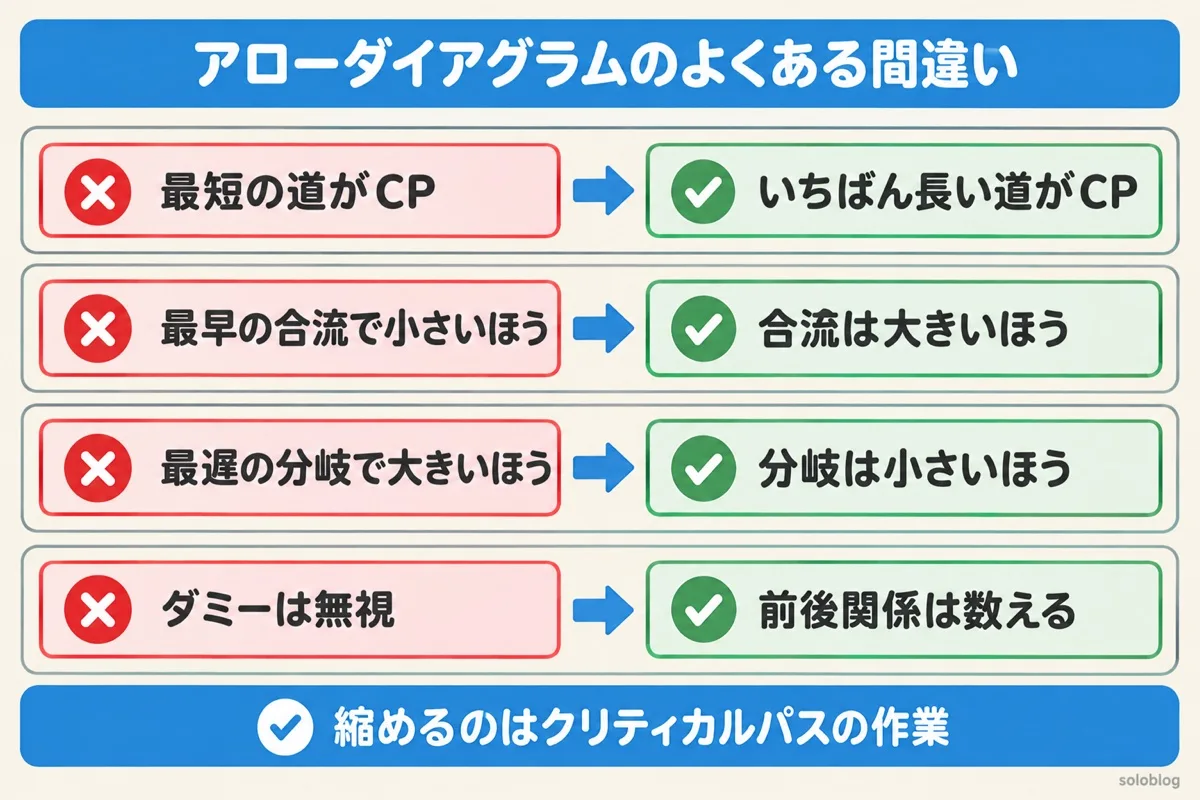 アローダイアグラムのよくある間違いの図。クリティカルパスはいちばん長い道、最早は合流で大きいほう、最遅は分岐で小さいほう、ダミーの前後関係も数える