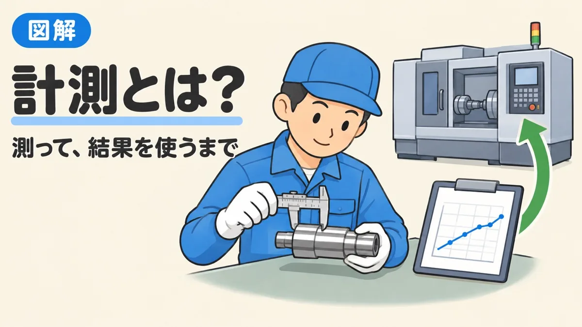 計測とは何かを表すアイキャッチ。ノギスで部品を測り、その結果をグラフにして機械の調整に使う