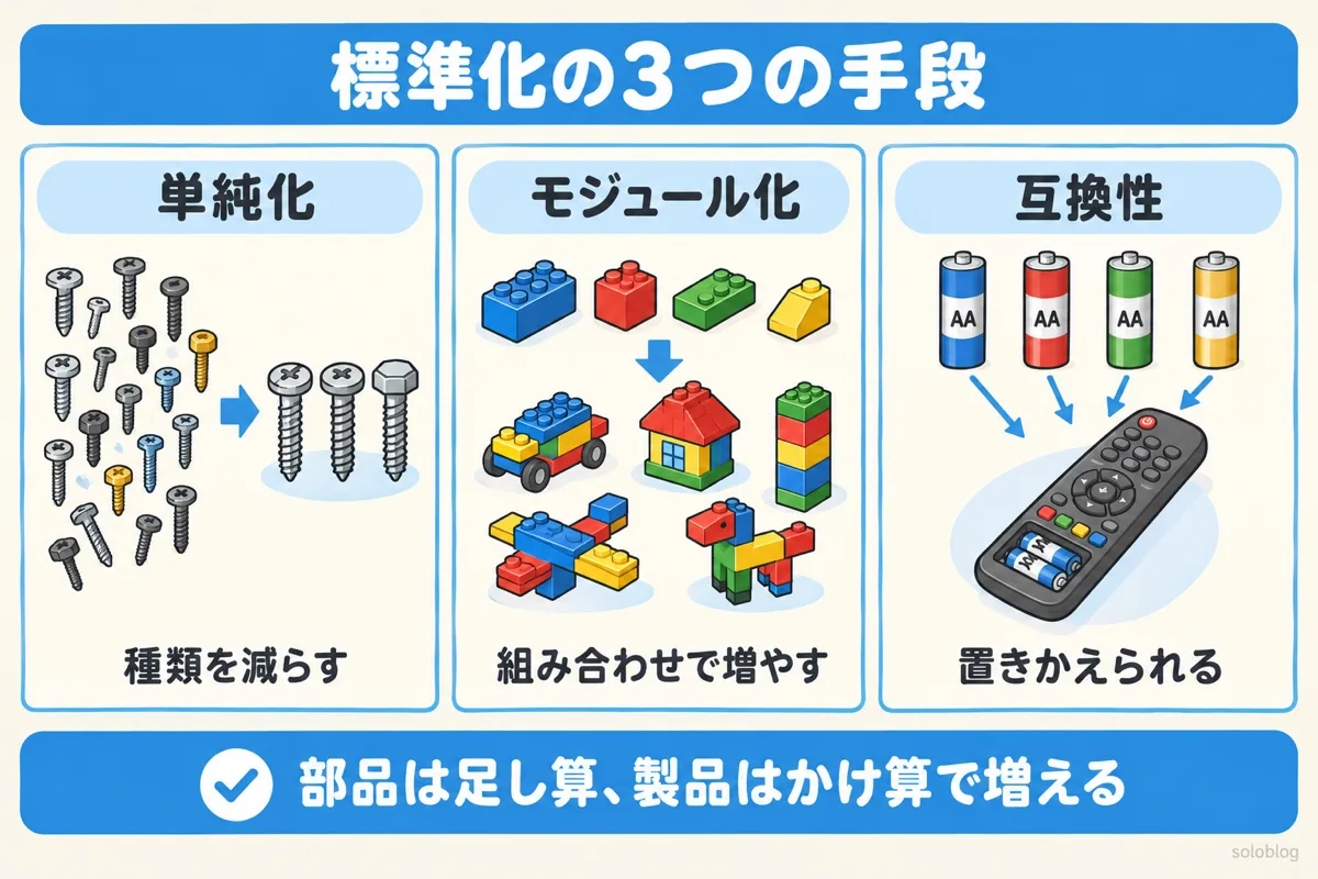 標準化の3つの手段の図。単純化は種類を減らす、モジュール化は組み合わせで製品を増やす、互換性はちがうメーカーでも置きかえられる