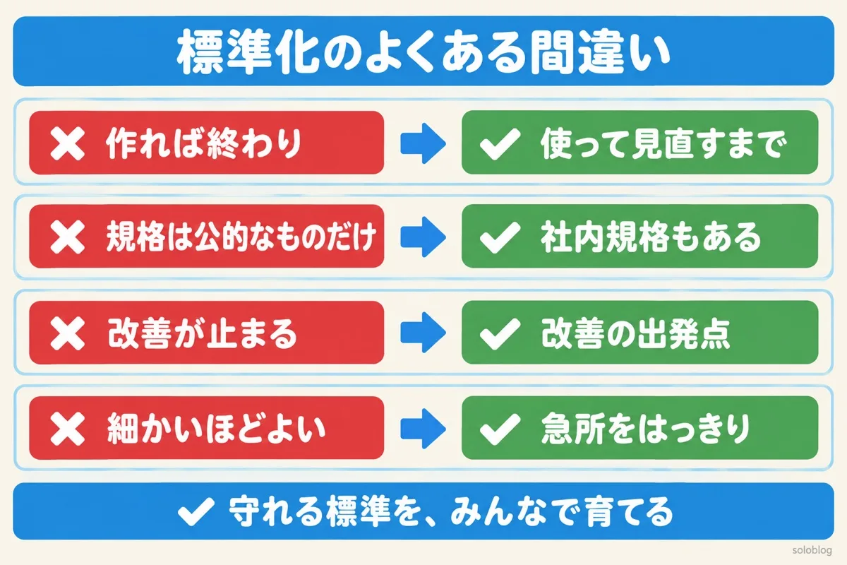 標準化のよくある間違いの図。作れば終わりではなく使って見直すまで、社内規格もある、標準は改善の出発点、急所をはっきりさせる