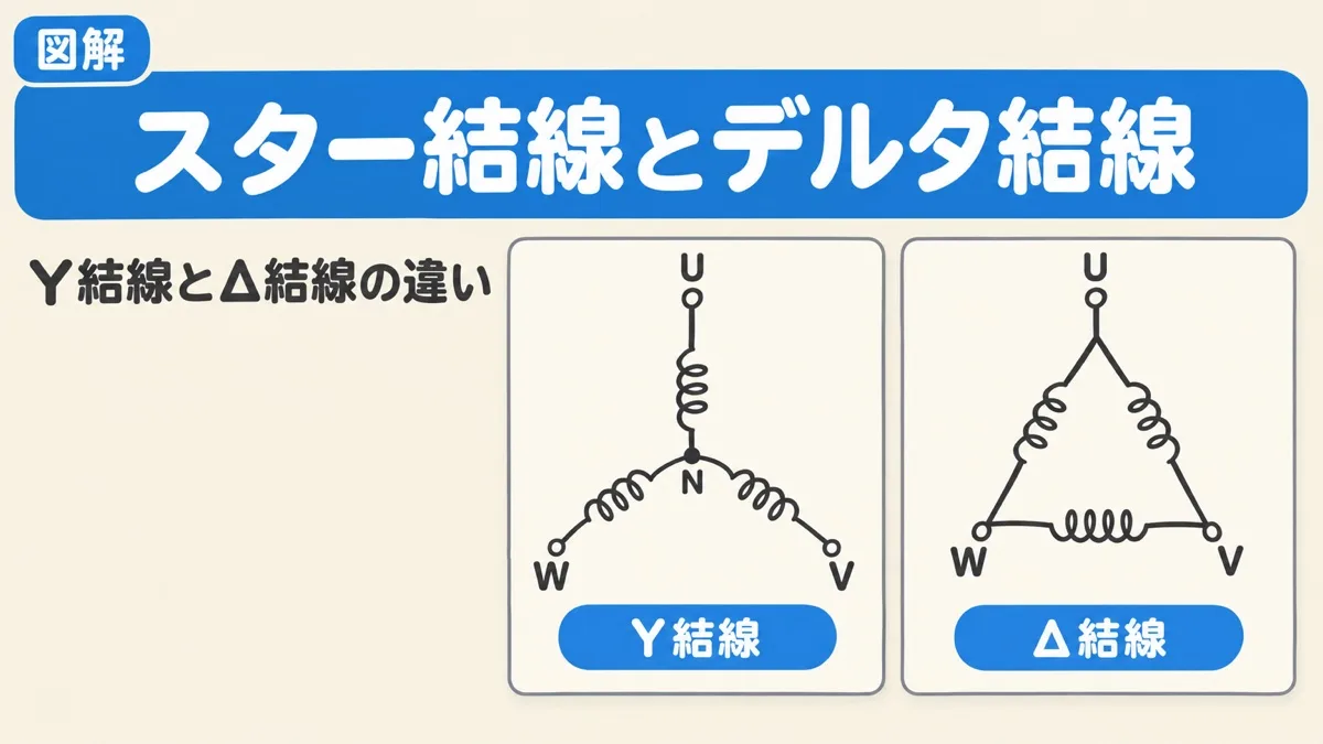 スター結線とデルタ結線を表すアイキャッチ。中性点Nで3つのコイルがつながるY結線と、3つのコイルが三角形につながるΔ結線