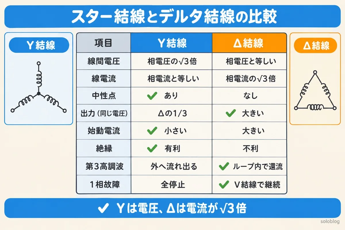 スター結線とデルタ結線の比較表。Y結線は線間電圧が相電圧の√3倍で中性点があり始動電流が小さい。Δ結線は線電流が相電流の√3倍で出力が大きく、第3高調波がループ内で還流し、1相故障でもV結線で運転を続けられる