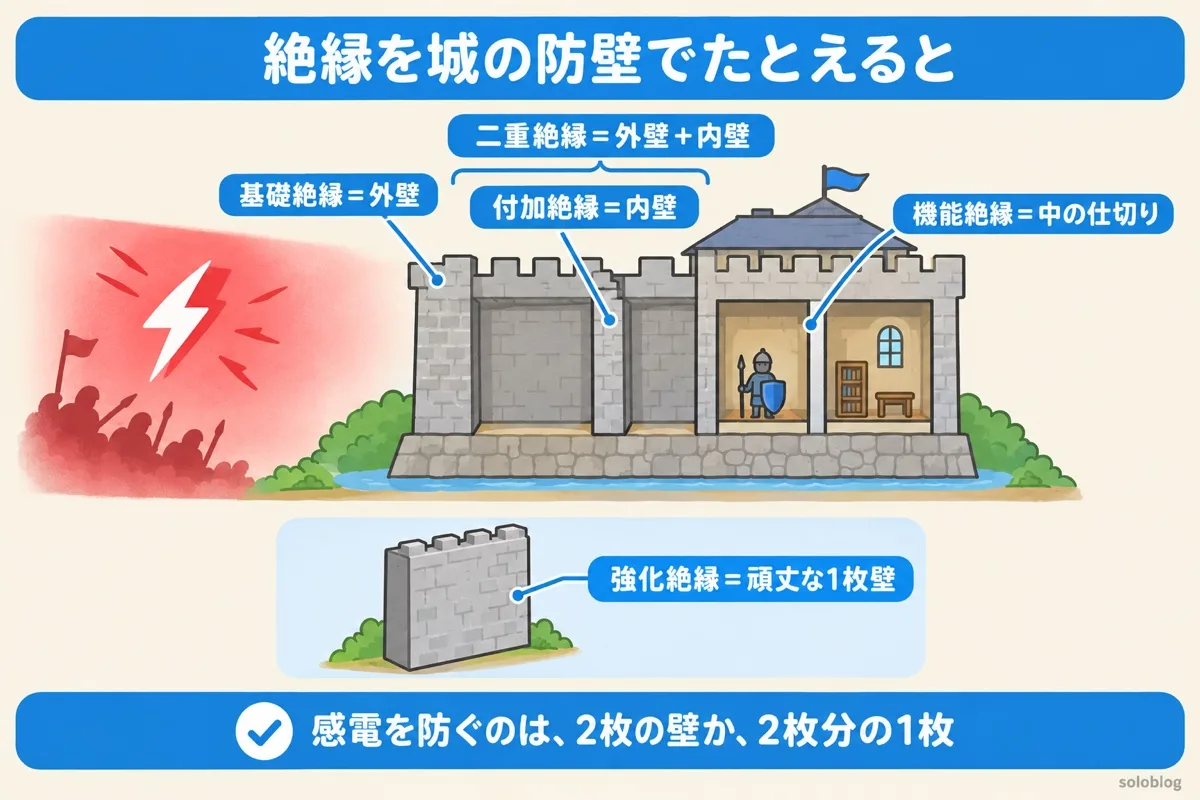 絶縁の種類を城の防壁にたとえた図。基礎絶縁は外壁、付加絶縁は内壁、二重絶縁は外壁と内壁、強化絶縁は頑丈な1枚壁、機能絶縁は城の中の仕切り