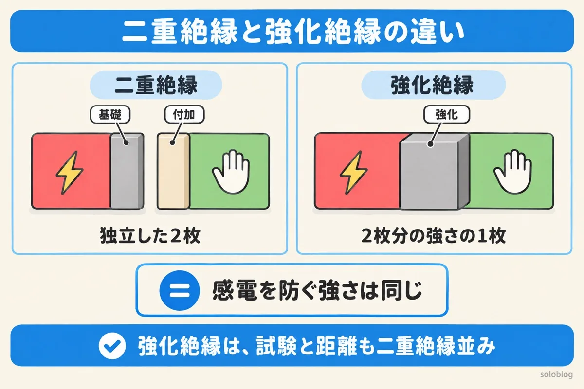 二重絶縁と強化絶縁の違いの図。二重絶縁は基礎絶縁と付加絶縁の独立した2枚、強化絶縁は2枚分の強さを持つ1枚で、感電を防ぐ強さは同じ
