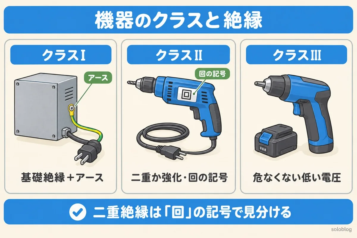 機器のクラスの図。クラスIは基礎絶縁とアース、クラスIIは二重絶縁か強化絶縁で回の記号がある、クラスIIIは危なくない低い電圧で動く