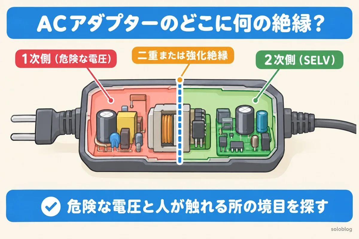 ACアダプターの絶縁の図。1次側と2次側の境目に、絶縁トランスとフォトカプラで二重絶縁または強化絶縁を置く