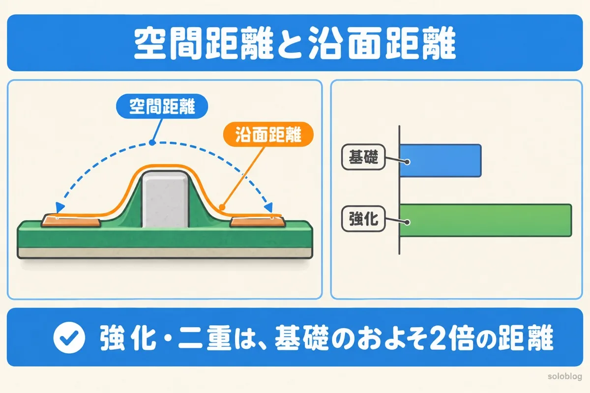 空間距離と沿面距離の図。空間距離は空気中の最短距離、沿面距離は絶縁物の表面に沿った距離で、強化絶縁は基礎絶縁のおよそ2倍の距離が要る