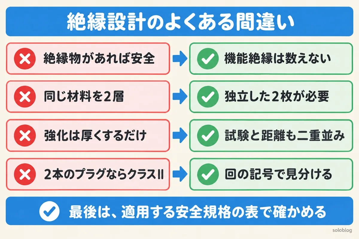 絶縁設計のよくある間違いの図。機能絶縁は感電防止に数えない、二重絶縁は独立した2枚が必要、強化絶縁は試験と距離も二重絶縁並み、クラスIIは回の記号で見分ける