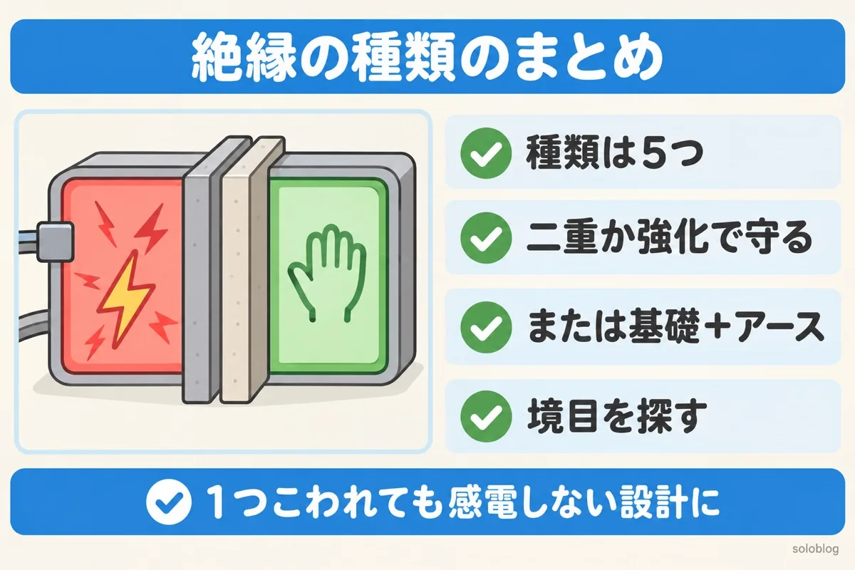 絶縁の種類のまとめの図。種類は5つ、二重絶縁か強化絶縁で守る、または基礎絶縁とアース、危険な電圧と人の境目を探す