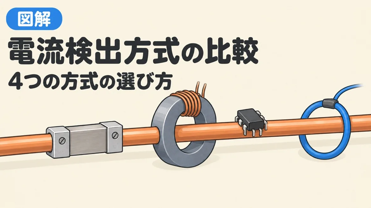 電流検出方式の比較を表すアイキャッチ。1本の電線に、シャント抵抗、CT、ホール素子、ロゴスキーコイルが並ぶ