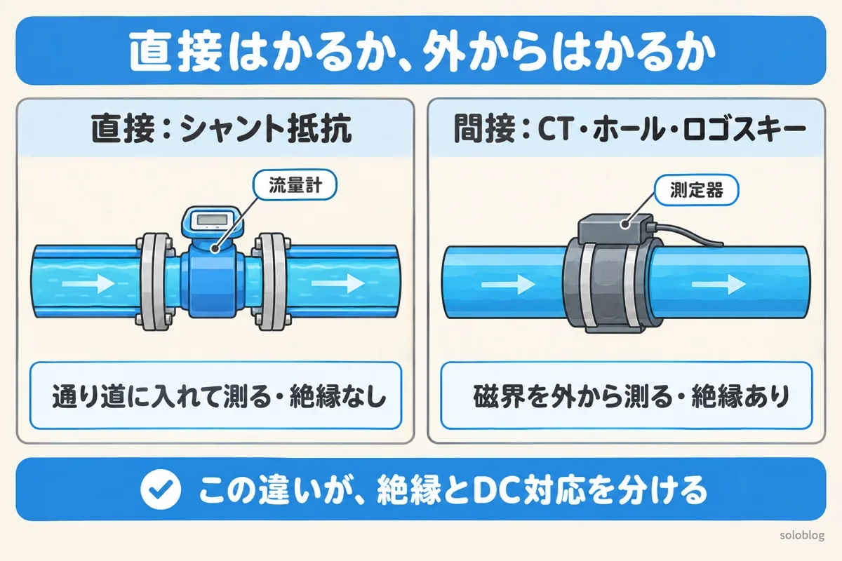 電流検出の直接方式と間接方式の図。シャント抵抗は水道管に流量計を入れるように通り道に入れて測り、絶縁はない。CT・ホール素子・ロゴスキーコイルは外から磁界を測り、絶縁がある